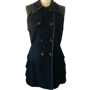 INC Black Sleeveless Double-Breasted Blazer ruffle hem faux leather trim size M